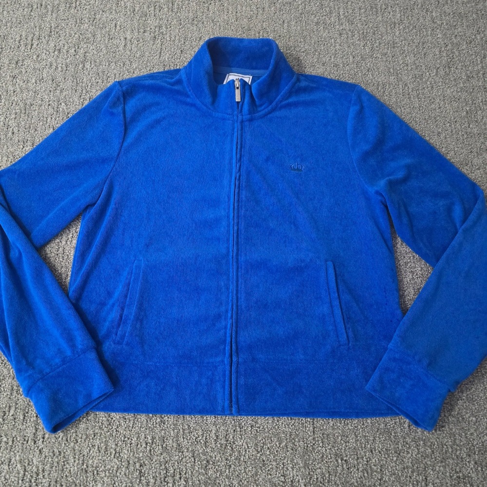 Juicy Couture Y2K Terry Cloth Track Jacket Womens L Blue Crown Logo Velour